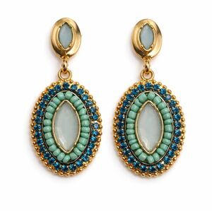 Vintage-Inspired Blue & Gold Dangle Earrings – Statement Oval Drop Jewelry